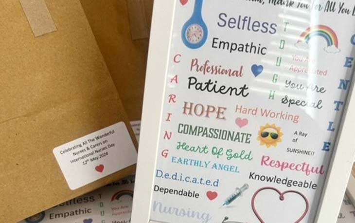 Picture of white picture frame with kind words like patient, hope, selfless, compassionate, for International Nurses Day.